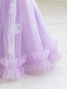 Elladie kids Đầm công chúa chữ A màu tím cho bé gái, mềm mại và duyên dáng, họa tiết hoa, thích hợp cho tiệc vườn, kỳ nghỉ hè, trang phục dự tiệc và đám cưới, bé gái phù dâu, phong cách Âu Mỹ. - Màu tím - Xem 6