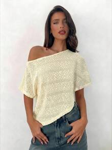 Aloruh Atasan Crop Top Wanita Gaya Liburan Pantai Musim Panas Warna Polos dengan Kain Bertekstur dan Leher Asimetris, Atasan Musim Panas - Krem - View 6