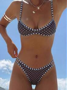 Swim Mod 女款細肩帶橘色花卉印花性感海灘度假泳裝套裝 - 棕色 - 查看 4