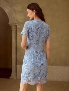 MOTF PREMIUM VESTIDO MIDI DE ENCAJE ELEGANTE PARA MUJERES - Celeste - Ver 3