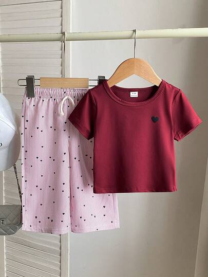 SHEIN Playful Pals 女婴夏季休闲爱心印花圆领短袖T恤和条纹裤套装