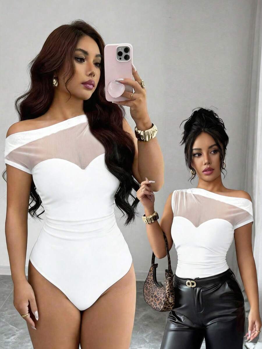 Selianne بدلة نسائية جديدة لفصل الصيف، بتصميم كتف أسود مشقوق وخصر مطوي من الشبك، مناسبة للحفلات والعطلات - أبيض - مشاهدة 1