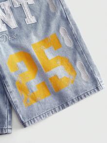 ROMWE MEN Men's Double Waistband Embroidered Pattern Loose Fit Denim Shorts - Light Wash - View 4