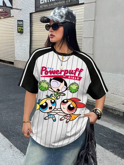 THE POWERPUFF GIRLS X SHEIN Plus Size Women Striped Contrast Round Neck Short Sleeve T-Shirt,