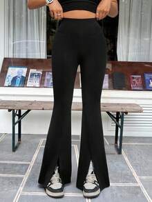 SHEIN PETITE CURVE 大码女式黑色针织喇叭裤，带开衩 - 黑色 - View 7