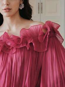 Anewsta Women's New Sexy Off Shoulder Asymmetrical Ruffle Collar Long Sleeve Cropped Top, Suitable For Valentine's Day, Dates, Vacation - Hot Pink - View 2