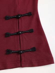 Sweetra Women's Black Mandarin Collar Button Design Slit Fitted Retro New Chinese Style T-Shirt - Burgundy - View 5