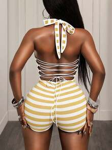 BamGleam American Retro Striped Tie-Up Jumpsuit,Blue & White Halter V-Neck Knit Bodycon Shorts, Backless Fitness White And Yellow,Summer,Club,Pool Party - Yellow - View 2