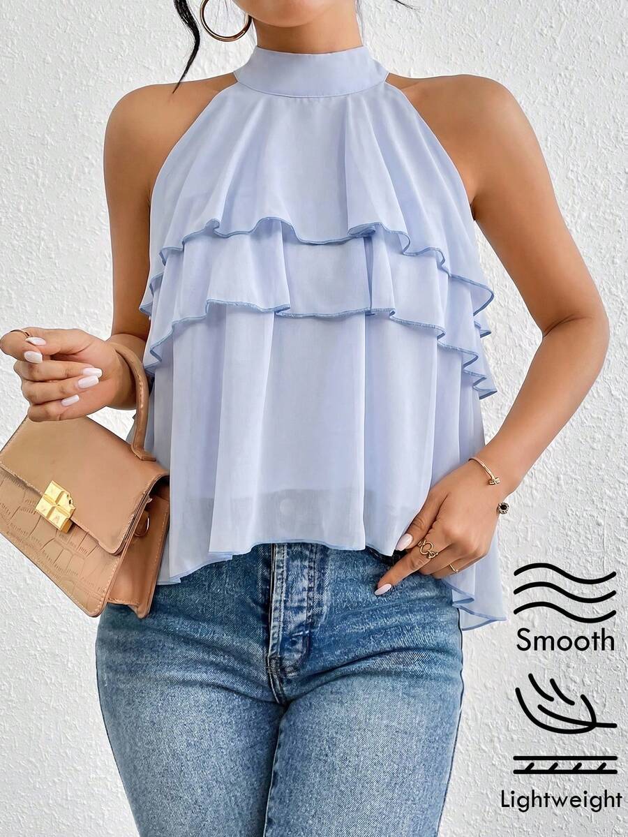 Firerie Loose Neck Ruffle Asymmetrical Chiffon Blouse,Summer Top - Baby Blue - View 1