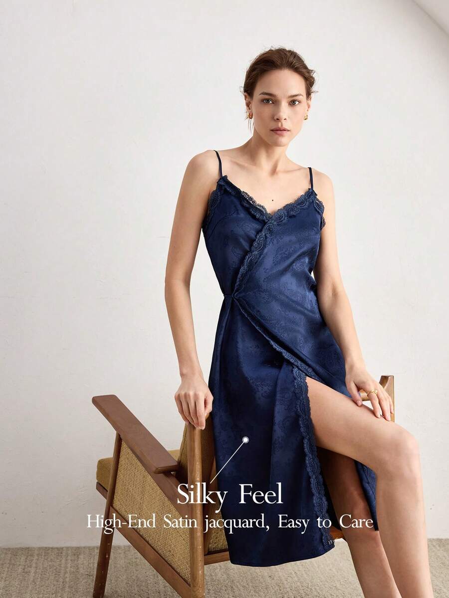 Ocili Satin Jacquard Women Nightgown - Navy Blue - View 1
