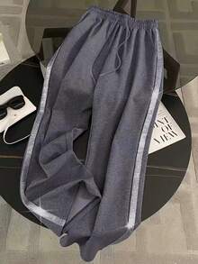 SHEIN Regular Fit V-Neck Short Sleeve Top + Straight Leg Pants With Side Pockets - Grey - View 4