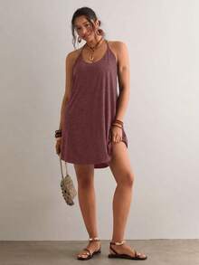 Freevana Plus Size Women Solid Color Casual Halter Loose Dress - Burgundy - View 6