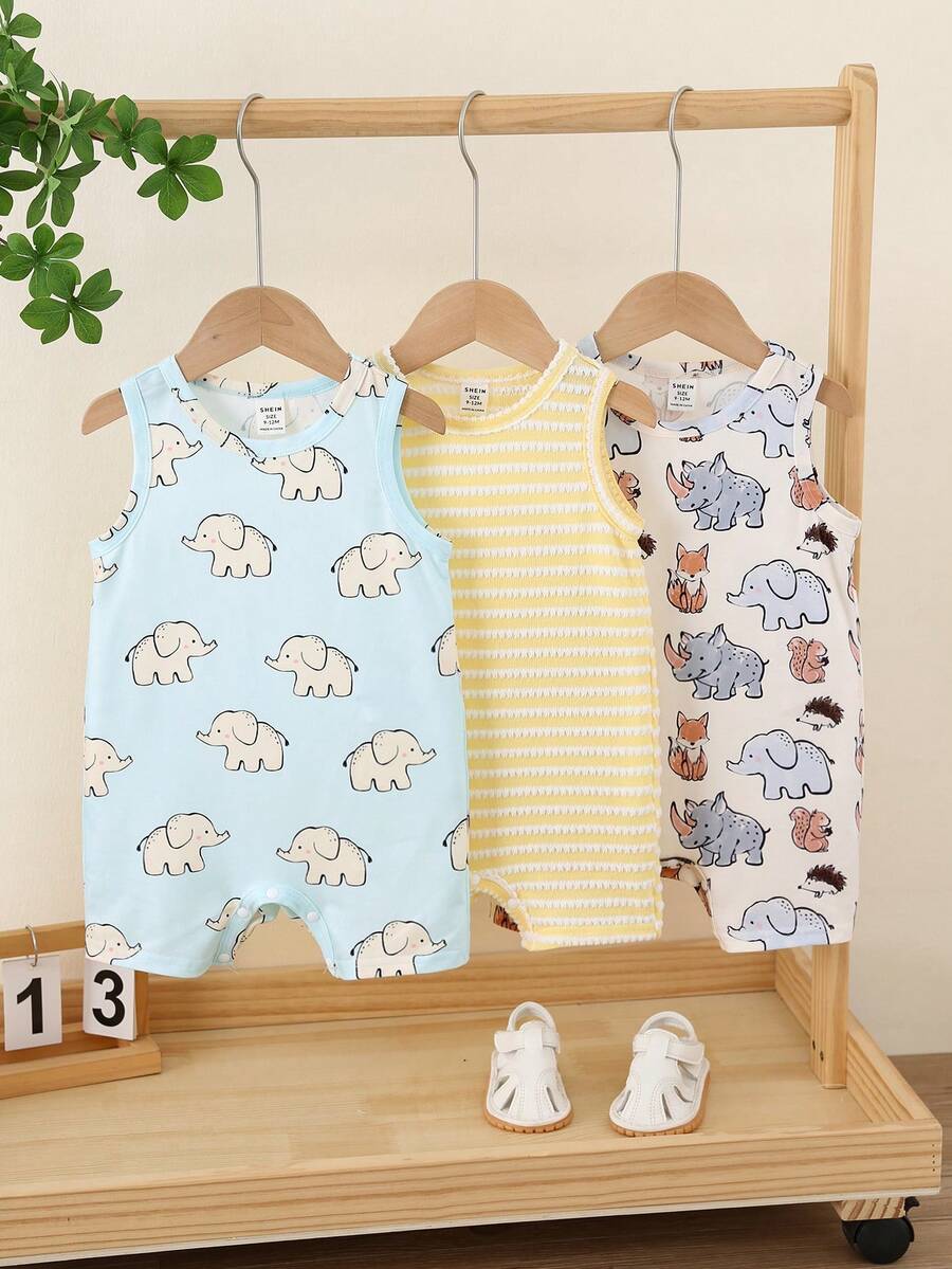 SHEIN 3 pièces Ensemble barboteuse sans manches pour bébé garçon nouveau-né, motif mignon de dessin animé tricoté, style décontracté d'été - Multicolore - Voir 1