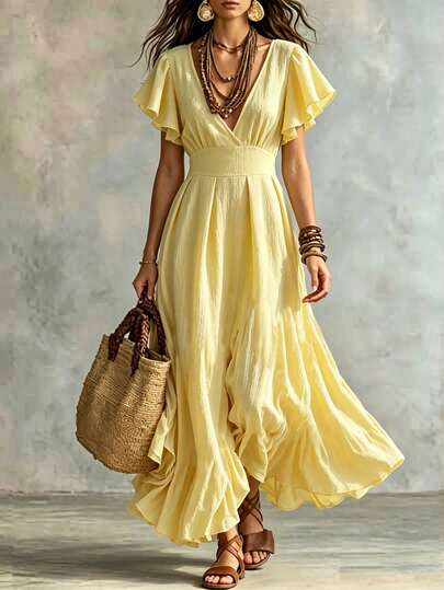 SHEIN Holidaya Dames maxi-jurk met V-hals, ruchesmouwen en open rug, geschikt voor de lente en zomer. Losse pasvorm voor dagelijks gebruik, woon-werkverkeer, elegant en geschikt voor feestjes, strandactiviteiten, romantische dates en casual woon-werkverkeer. Dames vakantieoutfit, gele strandjurk, losse zomerjurk, zomerjurk in bohemian stijl, strandjurk, gele maxi-jurk, elegante dames maxi-jurk, dames vakantieoutfit, vakantiejurk, dames strandoutfit, dames casual maxi-jurk