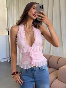 Aloruh Ruffle V-Neck Sleeveless Knit Tank Top, Solid Pink Color, Casual Commute Wear, Romantic Date & Holiday - Baby Pink - View 7