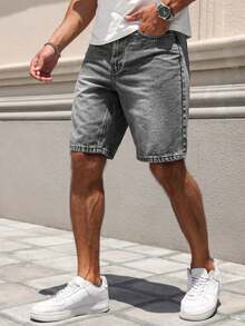 EGENSIO Quần short denim màu xám đậm in họa tiết da báo và râu ngựa dành cho nam, phong cách đường phố thường ngày. - Màu xám đen - Xem 4