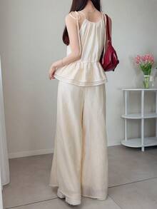 FRIFUL Conjunto de 2 piezas para mujer con top de tirantes con lazo y pantalones casuales de pierna recta holgada, nuevo lanzamiento, tops lindos de verano - Caqui - Ver 2