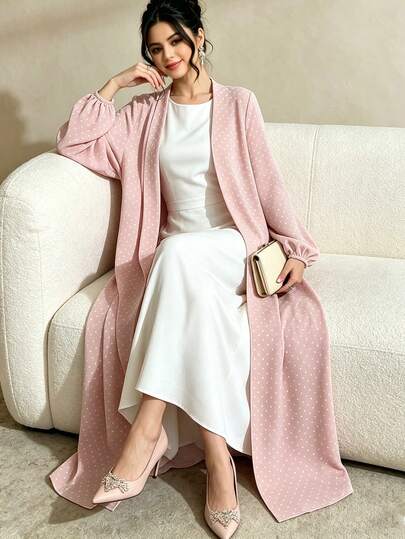 SHEIN Najma Women's Polka Dot Abaya, Elegant And Modest Arabic Style Long Robe, Spring/Autumn Fashion Long Sleeve Cardigan Maxi Coat, Polka Dot Light Pink/Gray Abaya, Arabic Clothing