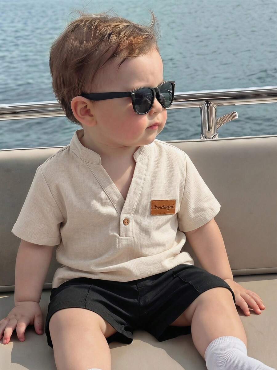 SHEIN 2pcs Baby/Baby Boy Casual Short Sleeve Shirt And Shorts Set, Baby Boy Outfit, Baby Boy Summer Clothes - Khaki - View 1