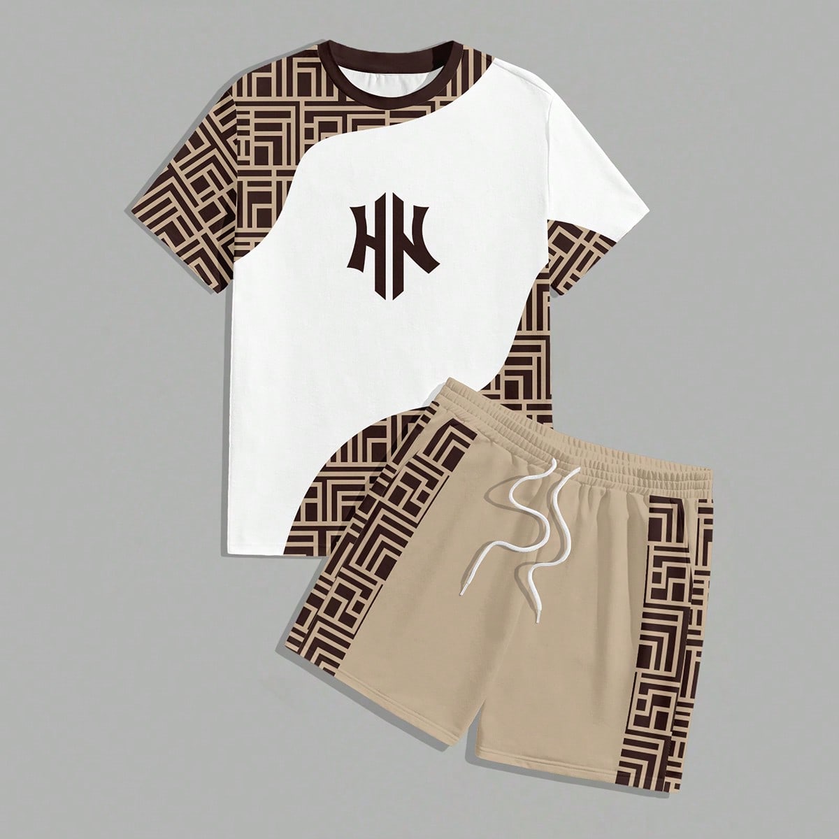 Conjunto de camiseta casual con estampado geométrico para hombre, conjunto de 2 piezas para hombre, conjunto de color caqui para hombre, adecuado par