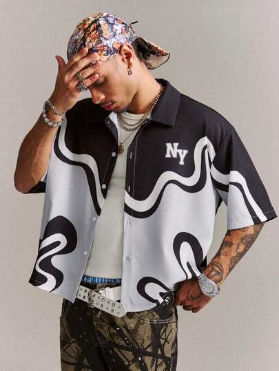 CRAVYNX Camisa de manga corta con estampado de letras y de una sola hilera de botones para hombre