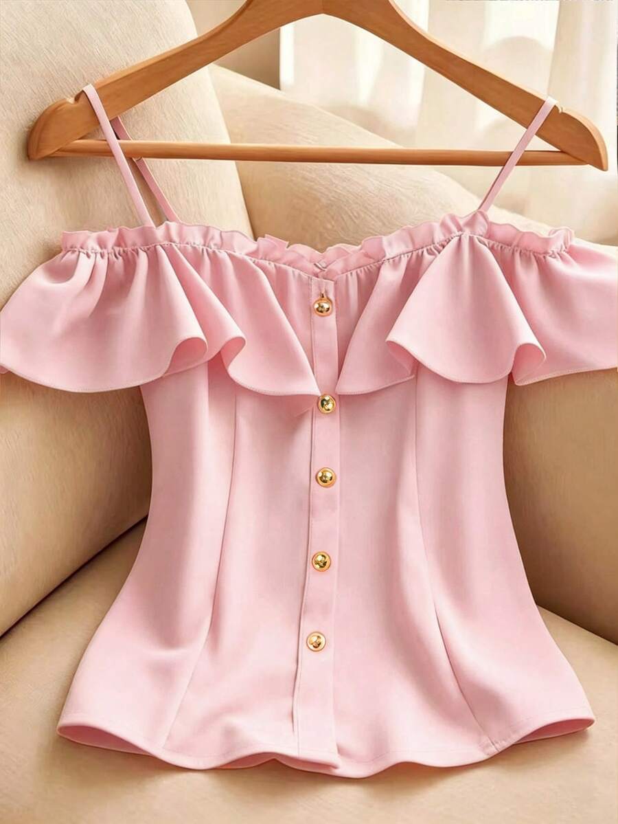 Franclia Áo kiểu nữ màu trơn trễ vai xếp nếp - Hồng - Xem 1