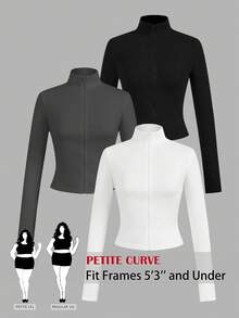 SHEIN PETITE CURVE Plus Size Petite 3pcs/Set Casual Soft Black Allover White Knit Zipper Long Sleeved T-Shirt Women's Autumn Winter Sports Workout Pilates Gym - Multicolor - View 1