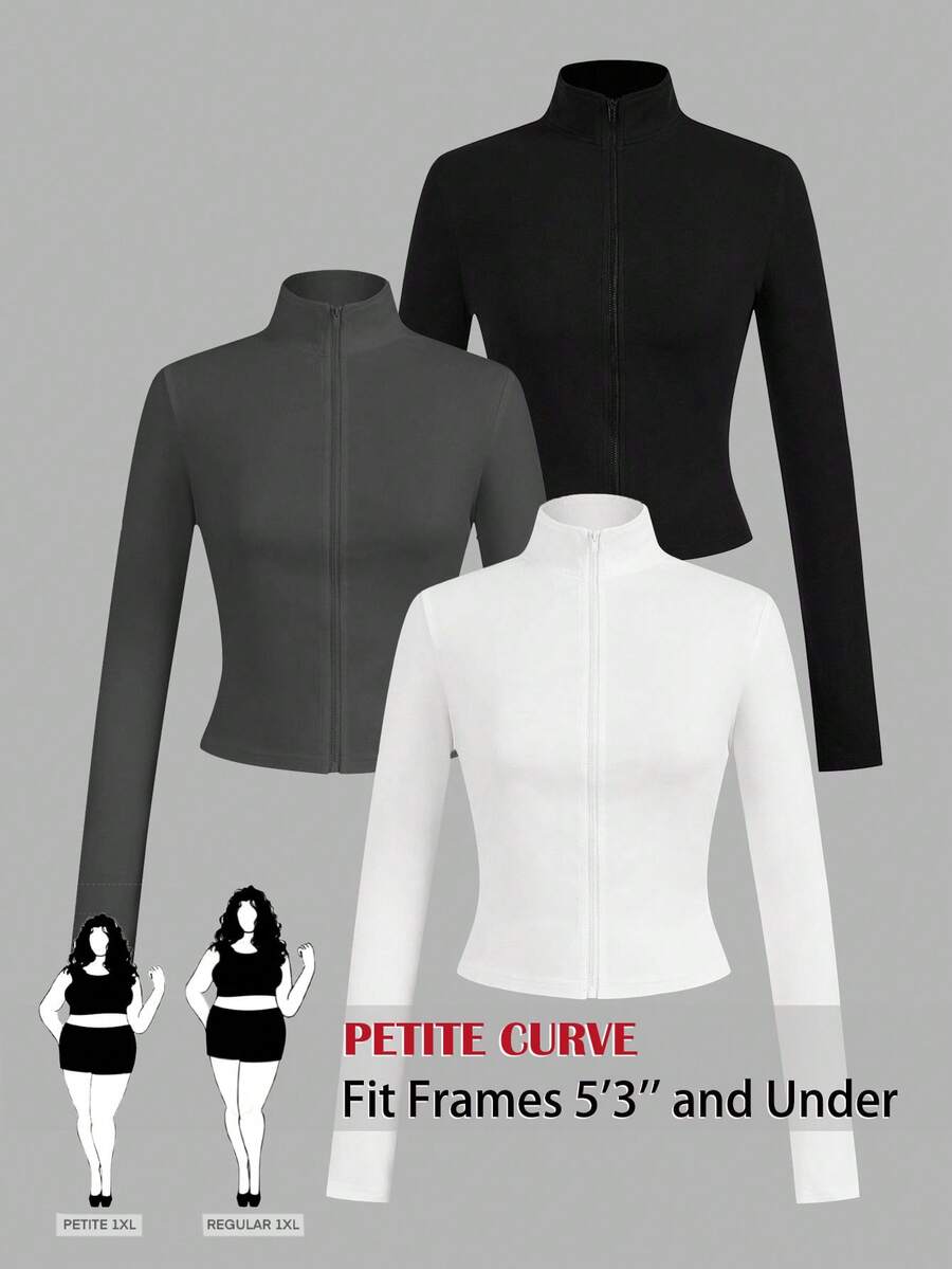 SHEIN PETITE CURVE Plus Size Petite 3pcs/Set Casual Soft Black Allover White Knit Zipper Long Sleeved T-Shirt Women's Autumn Winter Sports Workout Pilates Gym - Multicolor - View 1
