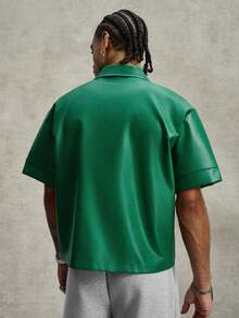 PAVTROS Men's Green PU Leather Utility Shirt,Button Front Box Cut Short Sleeve Pocket Casual Streetwear Night Summer Shades Of Green Outdoor Wear - Green - View 3
