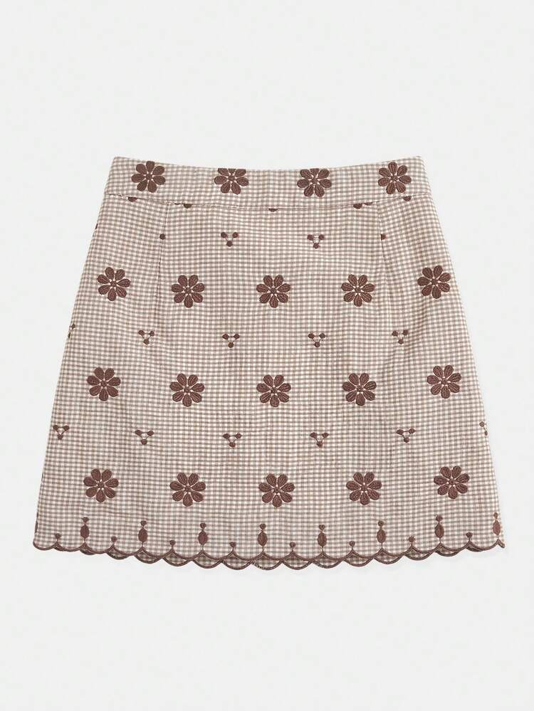 Brown Gingham Mini Skirt With Scalloped Hem And Floral Embroidery Skirt Cute Summer Skirt Flower Skirt French Style Vintage Skirt