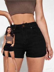 SHEIN PETITE 女士弹力修身卷边黑色牛仔短裤 - 黑色 - 查看 1