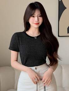 DAZY Women's Fashionable Summer Striped T-Shirt, Simple And Versatile For Daily Wear - Black - View 6