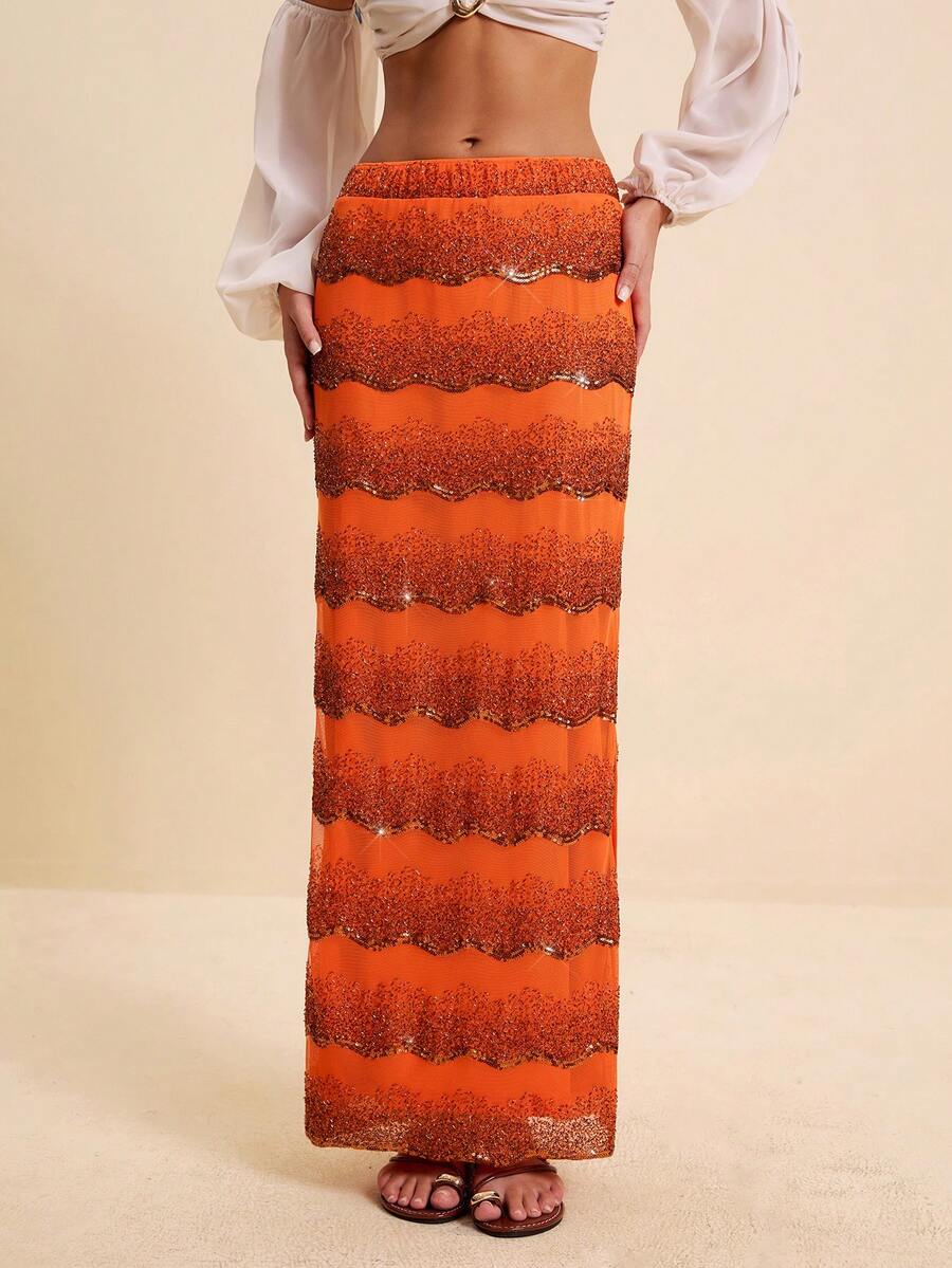 LOTSLUV Saia feminina Resort laranja com textura de miçangas, barra ondulada e corte em A com fenda. - Laranja - Ver 1