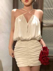 Joudiya Đầm hai dây mùa xuân hè, đầm dự tiệc cưới, tiệc chiêu đãi, đầm dạ hội thanh lịch ôm eo dành cho bé gái, đầm dự sự kiện thời trang. - Màu be - Xem 9