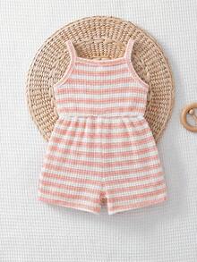 SHEIN Bộ quần yếm ngắn không tay, co giãn, thời trang cho bé gái, kẻ sọc, chất liệu vải gân, có nơ, màu hồng trơn, thích hợp cho mùa hè. - Hồng - Xem 4
