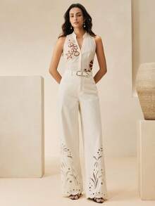 Anewsta Handgefertigtes gehäkeltes Blumen-Urlaubsstil ärmelloses Crop Top mit Stehkragen, cremeweiß, Frühling/Sommer - Aprikosenfarben - Übersicht 5