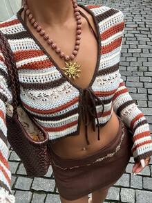 Sweetra Áo khoác cardigan dệt kim ngắn tay xòe cổ chữ V thắt nơ phong cách retro lãng mạn mùa hè dành cho nữ - Nhiều màu - Xem 4