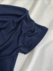 Glimmora Black Solid Color Pleated Off-Shoulder Casual Short Sleeve T-Shirt, Summer - Navy Blue - View 3