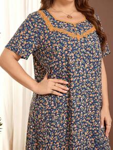 Lacomfia Plus Size Ditsy Floral Short Sleeve Ruffle Hem Casual Maxi Dress - Navy Blue - View 6