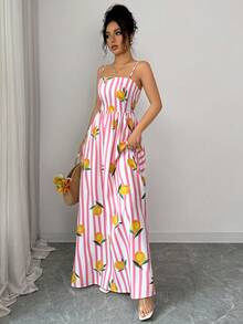 Elenzga Đầm nữ mùa hè thanh lịch, lãng mạn, dáng xòe xếp ly, in họa tiết sọc chanh, dây mảnh, eo cao, thích hợp cho công sở, đám cưới và các dịp thường ngày. - Hồng - Xem 6