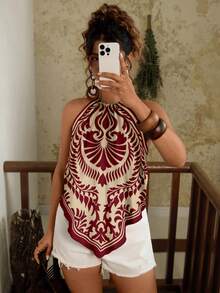 Travachic Áo tank top cỡ lớn in họa tiết toàn thân, vạt áo bất đối xứng, kiểu dáng thường ngày, thích hợp cho mùa hè. - Nhiều màu - Xem 6