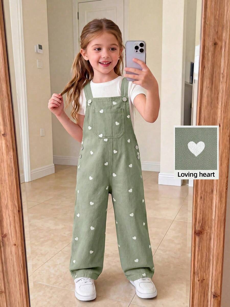SHEIN Mono vaquero azul de verano para niña, nuevo diseño de moda con estampado de corazón y casual, cómodo y suave - verde menta - Ver 1