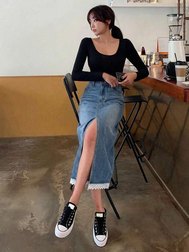 Women's Casual Everyday Washed Split Hem Straight Denim Skirt