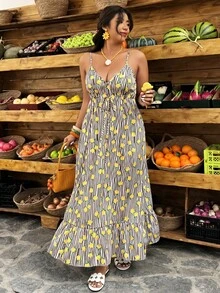 Breezaya Plus Size Women's Casual Vacation Dress With Ruffled Backless, Striped Lemon Print, A-Line, Spring/Summer - Multicolor - View 2