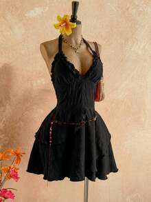 Soleia Elegant Black Summer Boho Holiday Vacation Holiday,Textured Backless Ruffle Hem Dress For Beach Wedding Guest Attire,Graduation,Music Festival,Spring - Black - View 4