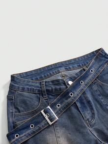 ROMWE Y2K Street Wear Y2k Retro Washed Side Belt Frayed Hem Design Height-Enhancing Split Hem Women's Jeans Night Out Blue Checkered Autumn - Dark Wash - View 3
