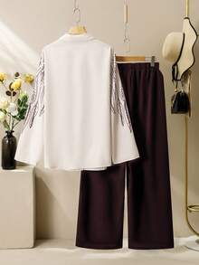 Lacomfia Plus Size Women Casual Leaf Print Single-Breasted Long Sleeve Shirt And Relaxed Pants 2 Pieces Set - Burgundy - View 2