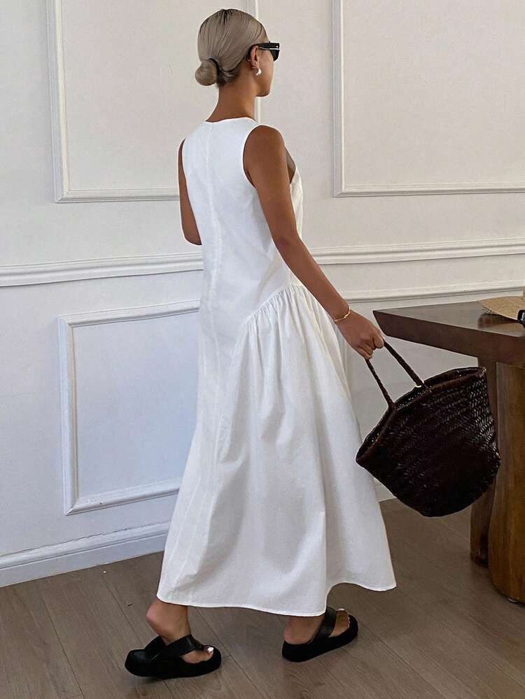 Women's Casual Solid Color Sleeveless Waist Cinched Midi Dress, Suitable For Daily Commute In Summer Sun Dresses For Women