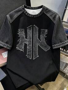 Manfinity Joysei Áo thun tay ngắn dáng suông phối màu tương phản kiểu Mỹ cổ điển với chữ HK in nổi, cổ tròn, phong cách đường phố tối giản, áo mùa hè, áo casual unisex, áo thun in hình cho nam/nữ, áo thun tay ngắn casual mùa hè. - Nhiều màu - Xem 4