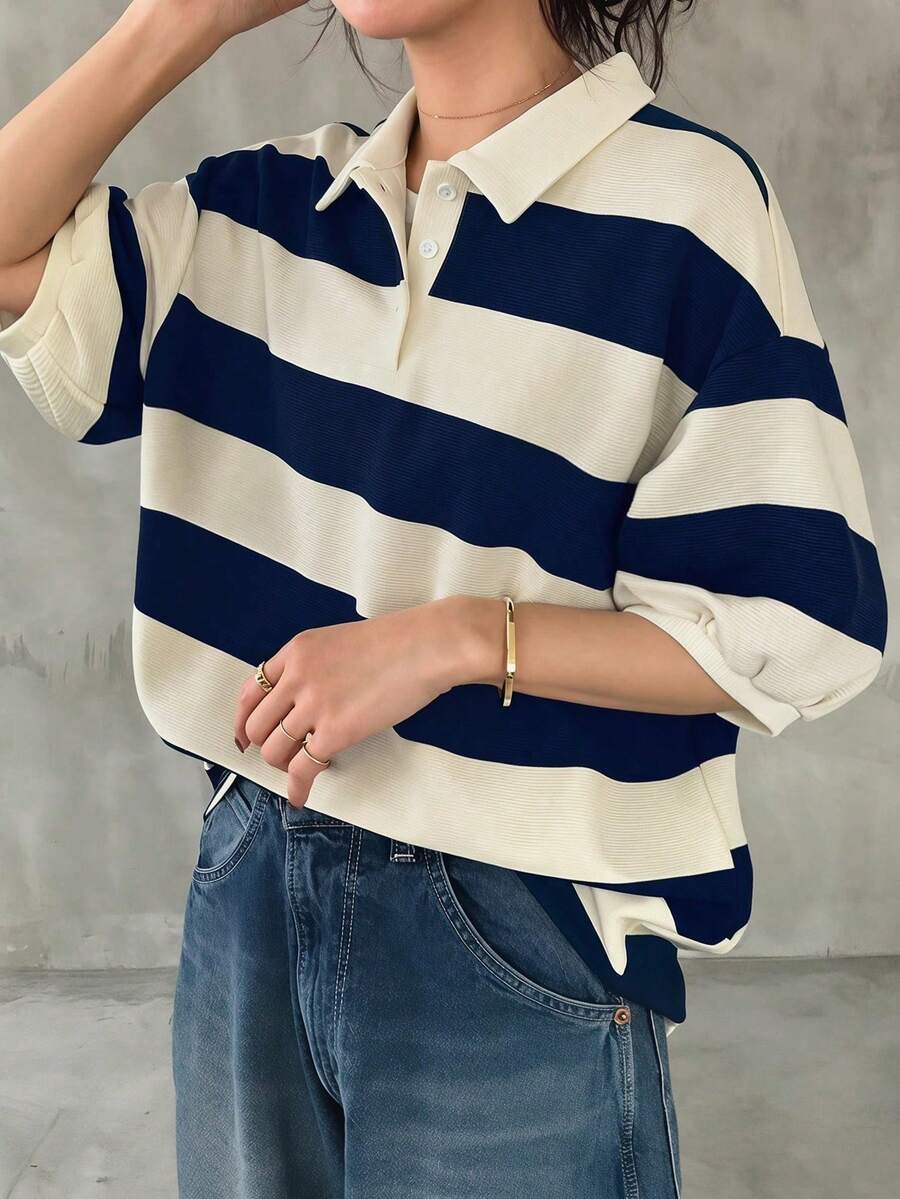 FRIFUL 女款寬鬆條紋 Polo 領中袖 T-shirt,休閒夏季圖案印花上衣 - 藏蓝色 - 查看 1